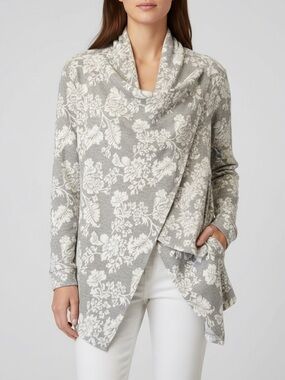 Knox Rose Floral Wrap Cardigan Gray White Draped Size M